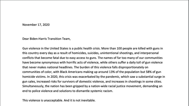 Nov. 17th, 2020 letter by 85 gun safety organizations to Biden/ Harris Transition Team     |     
