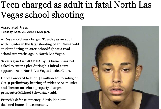 Teen charged as adult in fatal North Las Vegas school shooting.
