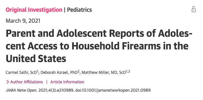 New study shows that 51.3% of all adolescents could access a loaded firearm within 1 hour.  |  Separate study estimates that app. 10 million children live with at least 1 unlocked or loaded firearm.